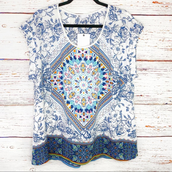 DR2 Tops - DR2 neon mandala print short sleeve blouse